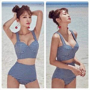 Boutique Aiosnuo Blue Checkered Pinup Swim Top XL